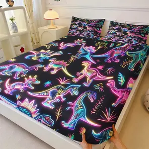 3Pcs Kids Favorite Neon Dinosaur Fitted Sheet Set(One Bedspread and Two Pillowcases), Kids Glow in The Dark Dino Pattern Bed Sheet, Boys Bedroom Decor Mattress Cover, Soft Skin-friendly, Comfy Breathable, Non-slip Fit