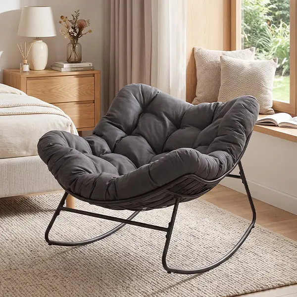 Papasan Rocking Chair Outdoor/ Indoor, Oversized Rocking Chair with Thickened Cushion, 450 lbs Large Comfy Egg Chair Indoor,Cozy Lounge Reading Glider Chair for Bedroom, Blue,dorm essentials,home decor