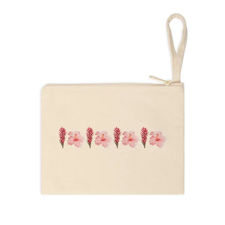 Hawai’i Cotton Canvas Cosmetic Bag - 100% Cotton Canvas with Cream Zipper & Soft Pink Floral Design - Compact Size 8.3" x 7.8" - Handmade Touch for Casual & Botanical Wardrobes