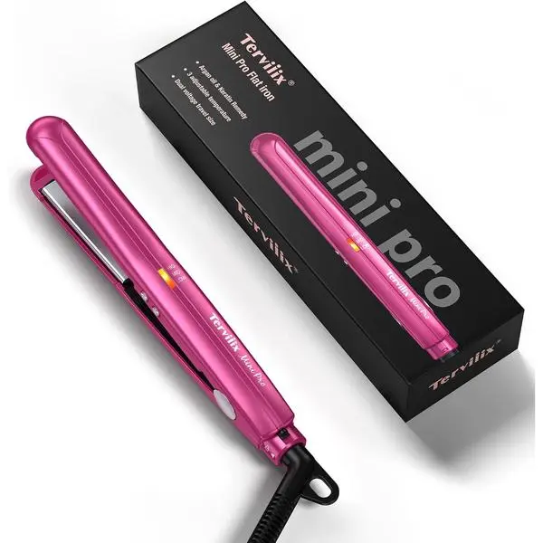 Terviiix Mini Flat Iron, Bangs Straightener, Pink, 1/2" | Adjustable Temperature, Travel-Size, For Short Hair/Pixie Cut/Touch-Ups, Ceramic Portable, Dual Voltage