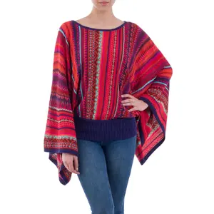 NOVICA Artisan Handmade Striped Peruvian Alpaca Wool Kimono Sleeve Sweater in Multicolor Pattern, 'Cuzco Dance'