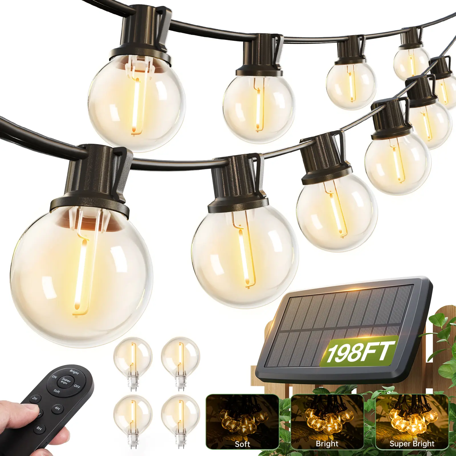Solar String Lights Outdoor Waterproof with Remote, G40 Globe Solar Patio Light with LED Shatterproof Bulbs, 3 Modes, Dimmable Hanging for Outside Backyard Party