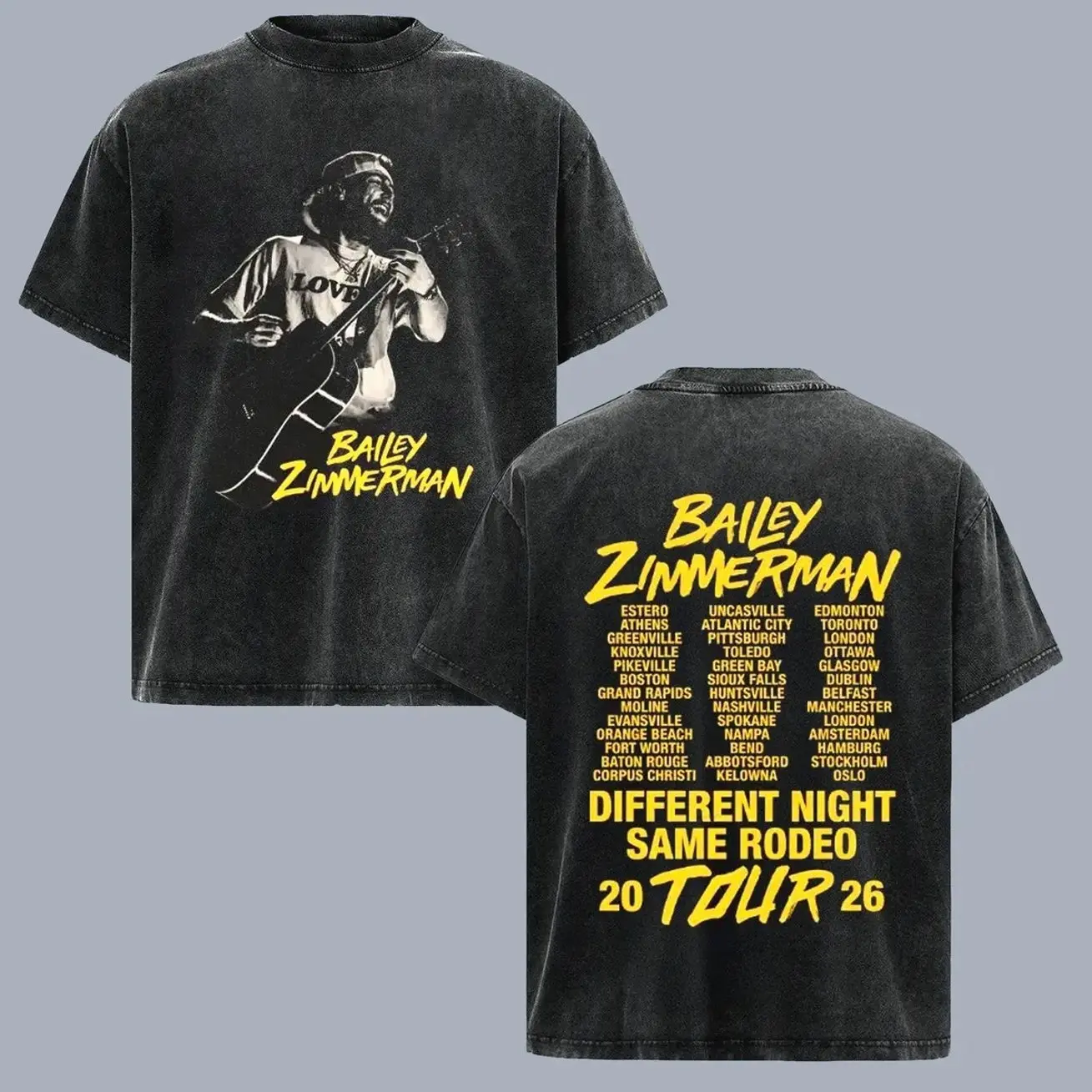Bailey Zimmerman Different Night Same Rodeo Tour 2026 Vintage Washed T Shirt, Double Sided Country Music Graphic Tee, Retro Western Cowboy Concert Shirt, Oversized Heavyweight Unisex Fan Merch Gift for Country Music Lovers 902