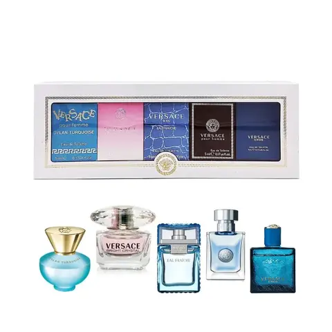Versace Miniatures Collection - 5-Pc Unisex Fragrance Ensemble, Gift Box Set with Ultra-Miniature Unisex Fragrance, Purse Stuffers & Mini Toiletries for Purse