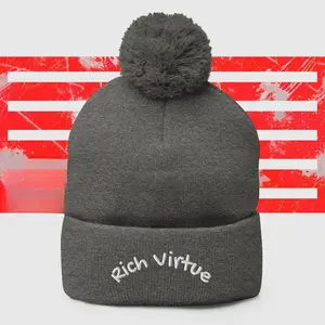 Rich Virtue Top Knot Beanie - Unisex 100% Acrylic Knit Hat with Pom-Pom & Embroidered Logo - One Size Fits Most hats