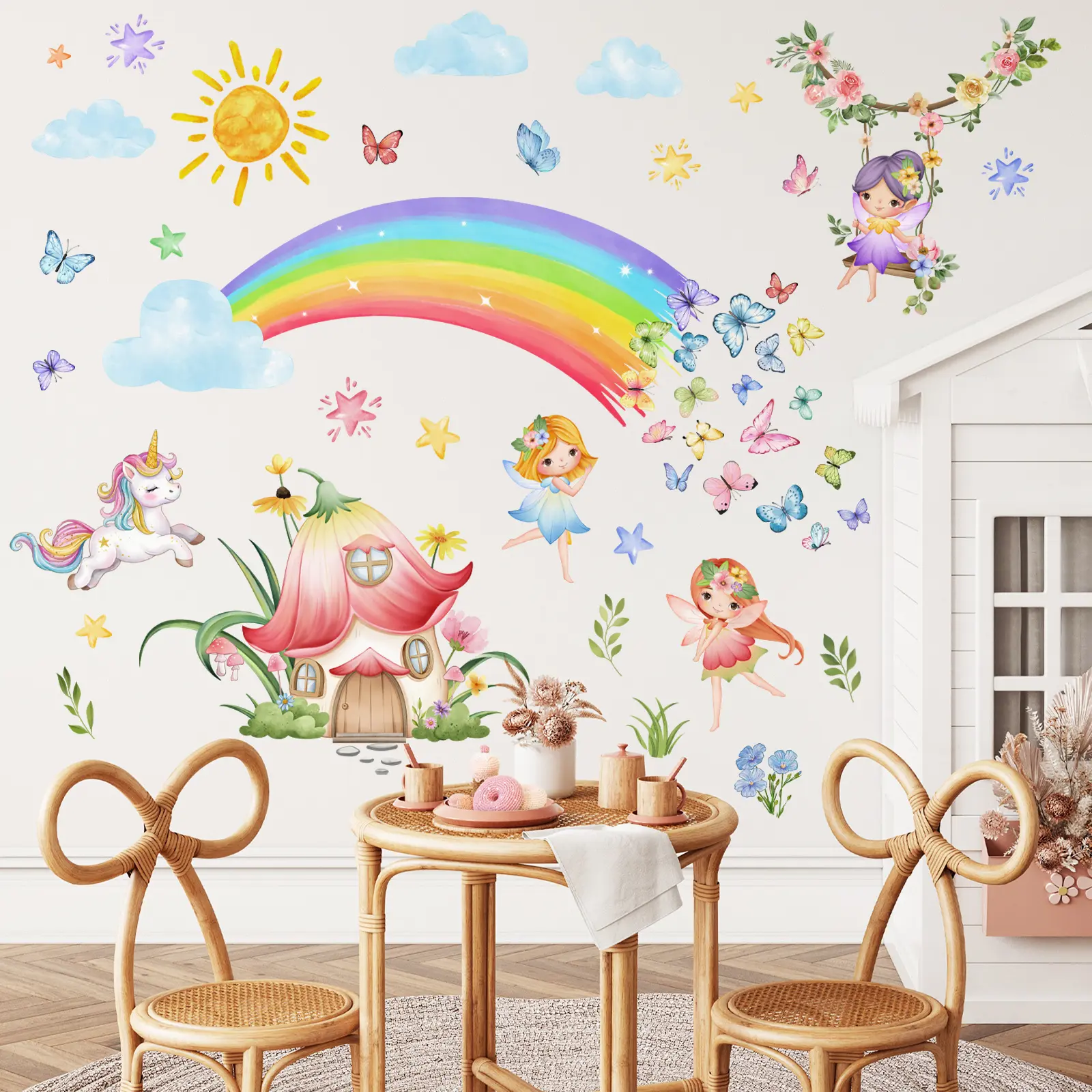 2Pcs/Set (3090cm2pcs) Fairy Tale Flower Fairy Unicorn Decorative Wall Stickers, Butterfly Stickers, Wall Decor for Girls & Kids Room, Rainbow Theme Decals