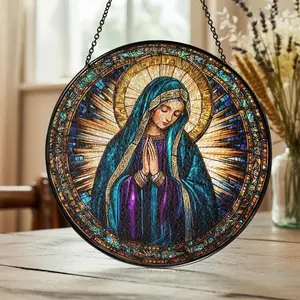Virgin Mary Stained Glass Suncatcher Window Hanging, Catholic Religious Home Decor with Chain, Spiritual Faith Window Ornament