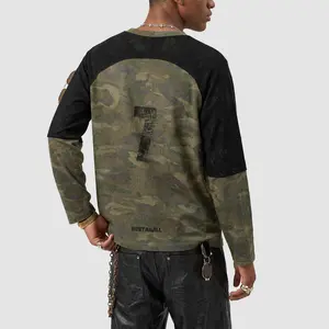 Inflation Series Men’s Y2K streetwear oversized long-sleeve T-shirt with camouflage patchwork, double layer design