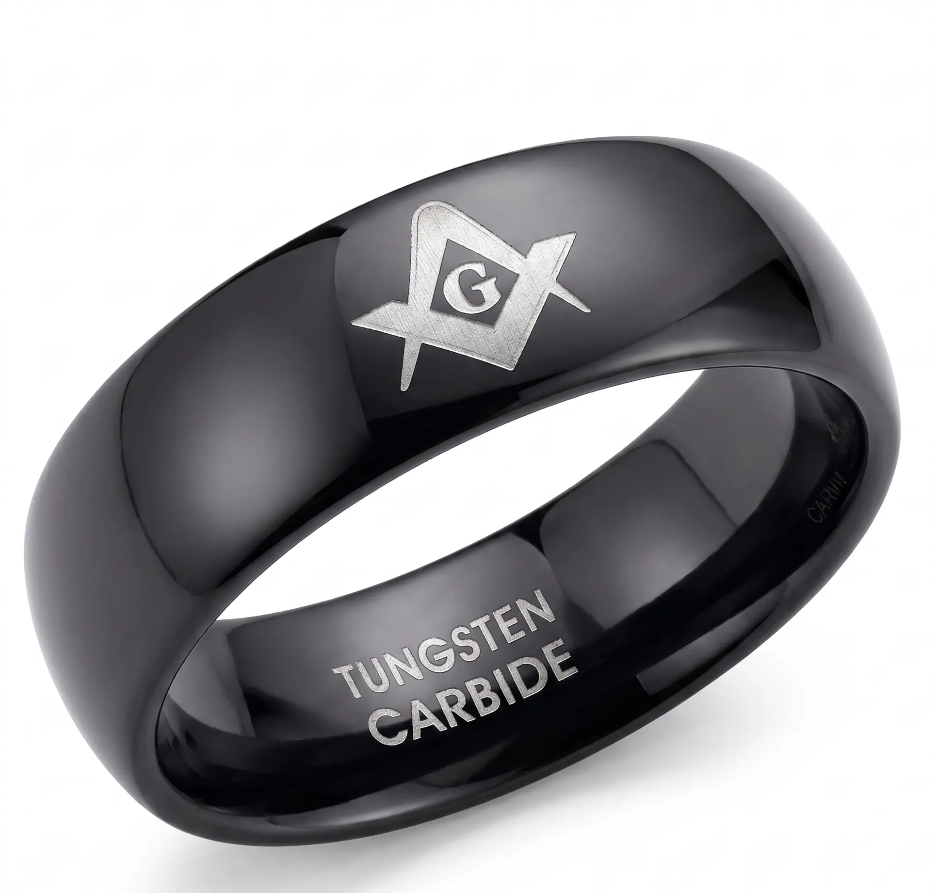 Black Ion Plated Tungsten Carbide Masonic Statement Ring - 8mm Width, Domed Profile, Strong, Rust-Resistant, Tarnish-Resistant, Hypoallergenic, Scratchproof, Durable Jewelry Accessory