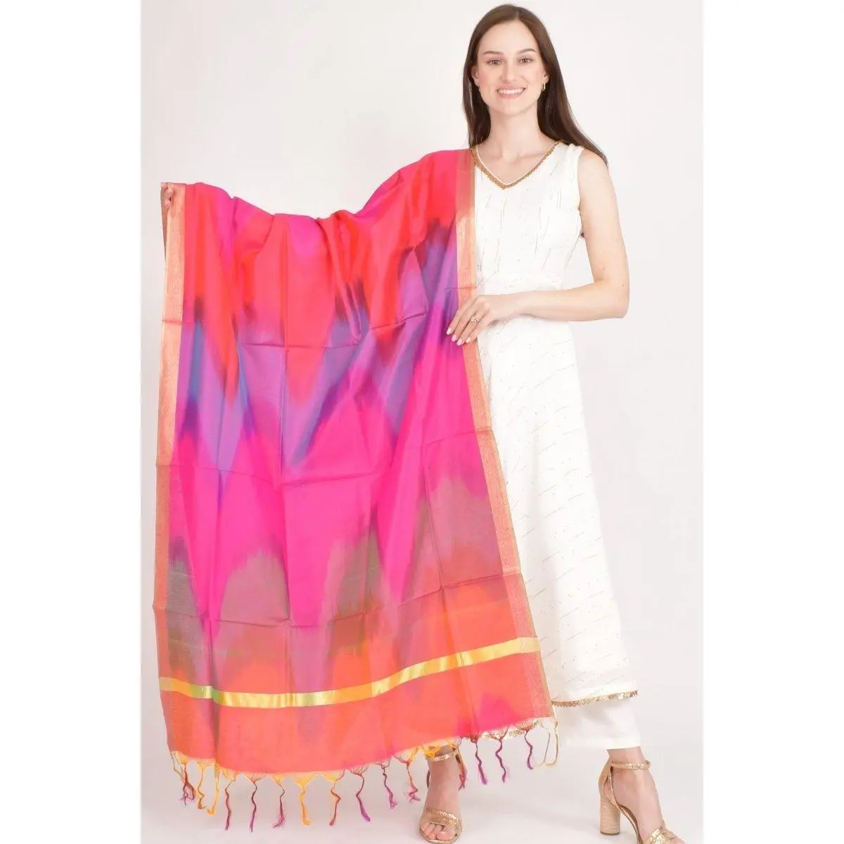 Pink Ikkat Wave Silk Dupatta