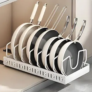 No-Drill Retractable Adjustable Kitchen Storage Rack | 7 Adjustable Shelves for Cookware, Cutting Boards, Pot Lids & Pans - White