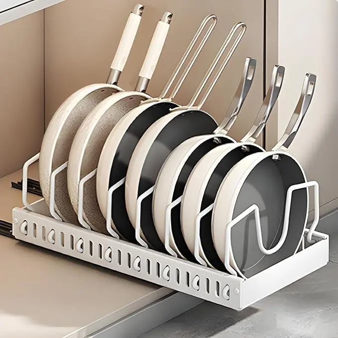 No-Drill Retractable Adjustable Kitchen Storage Rack | 7 Adjustable Shelves for Cookware, Cutting Boards, Pot Lids & Pans - White