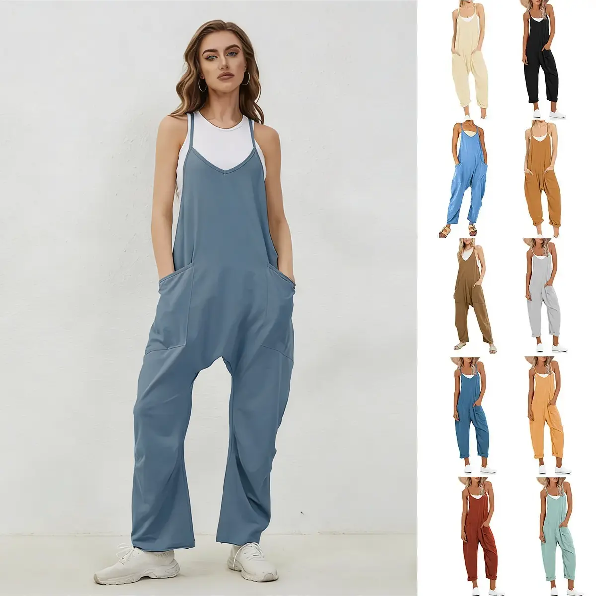 Woodberry Women's Harem Overalls in Stretchy Spandex Cotton, Sleeveless Wide Leg Jumpsuit with Adjustable Straps and Pockets for Summer, Overalls Stretchy Spandex, Jumpsuit Romper, Casual Street, Cotton-Spandex