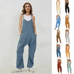 WoodBerry Women's Causal Jumpsuits V Neck Sleeveless Harem Overalls Stretchy Adjustable Strap Romper with Pockets