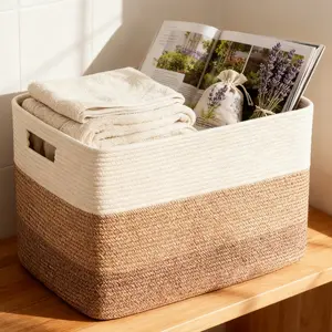Large Foldable Rope Woven Blanket Storage Basket 22"x16"x12" Laundry Basket Cotton Organiser Christmas Decorations Home Decor Brown Easter