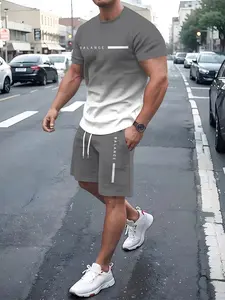 Men's Gradient Letter Signature 3D Digital Full-Body Print T-Shirt & Beach Shorts Set, Casual Round Neck Short Sleeve T-Shirt with Drawstring Shorts Beachwear