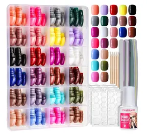 FANDAMEI Press on Nails Short, 24 Packs 576PCS Small Short Round Press on Nails, 24 Glossy Color Small Fake Nails, Glue on Nails with 7g Nail Glue