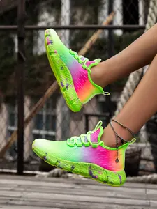 Women's Fluorescent Gradient Mesh Running Shoes, Breathable Flyknit Sneakers, Soft Sole, All-Season Fashion Footwear