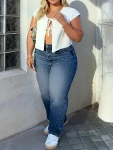 Plus Size Rhinestone Decorated Fashion Elegance Wide Leg Jeans High Elastic Washed High Waist Long Pants for Women Casual Fit All Season Wear