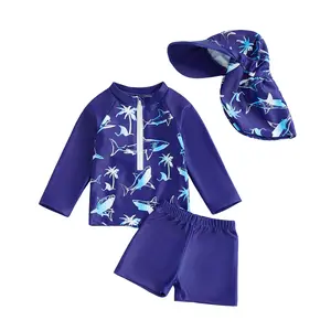 2Pcs Toddler Girls Boys Swimsuit Set Dolphin Print Stand Collar Long Sleeve Tops Shorts and Hat Rash Guard Swimwear