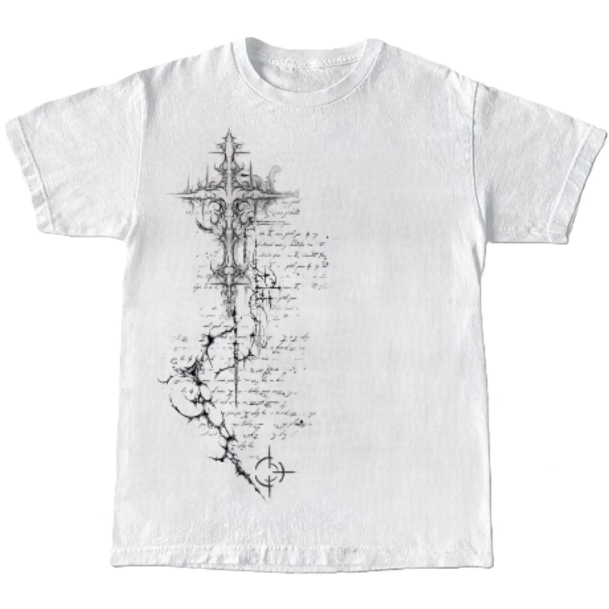 Minimal Goth Print Tee - Cross Calligraphy Ink Shirt