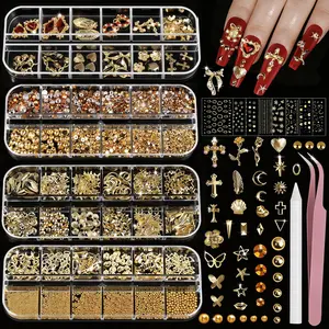 HIIRII Gold Nail Charms and Gems Set, 4 Boxes Nail Gems Nail Pearls Nail Art Tools with 15 Sheets Gold Nail Stickers, 3D Cross Nail Charms Heart Nail Rhinestones for Nails Supplies, Charms for Nails Design Nail Art Kit
