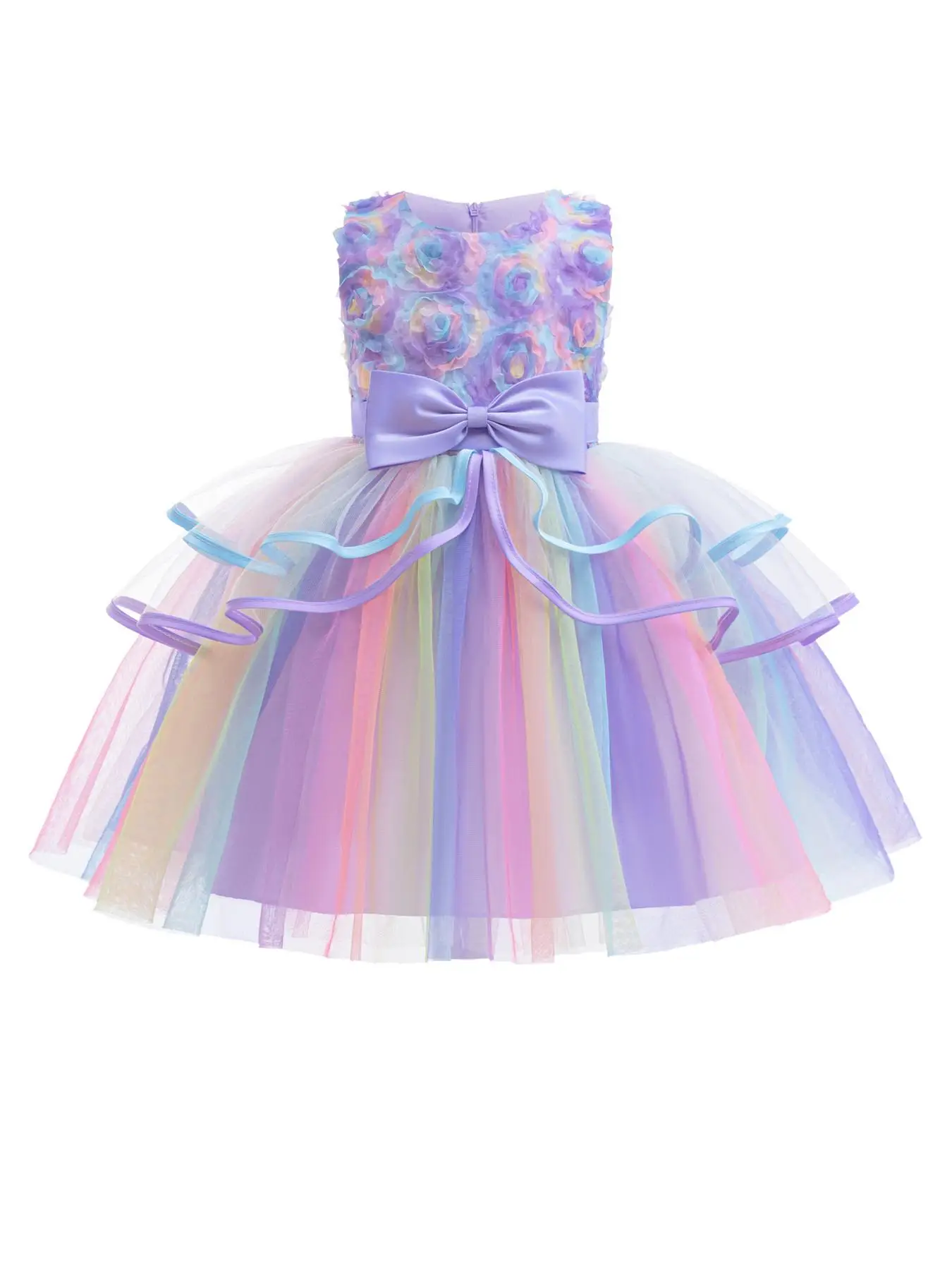 Colorful Floral Bow Decor Satin Tulle Costume Dress, Round Neck Sleeveless Zipper Dress for Girls, Kids Clothes for All Seasons