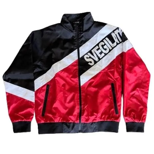 Svegilato Red Nylon Jacket with Bold Black and White Stripes and Zipper Closure