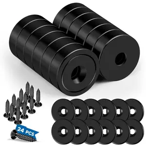 Cabinet Magnets, 20lbs Rare Earth Magnets, 12Pack Strong Magnets with Holes and Iron Sheet,Neodymium Magnets with Screws for Holding Tools, Door, Magnetic Cabinet Locks-Black,0.63x0.19inch