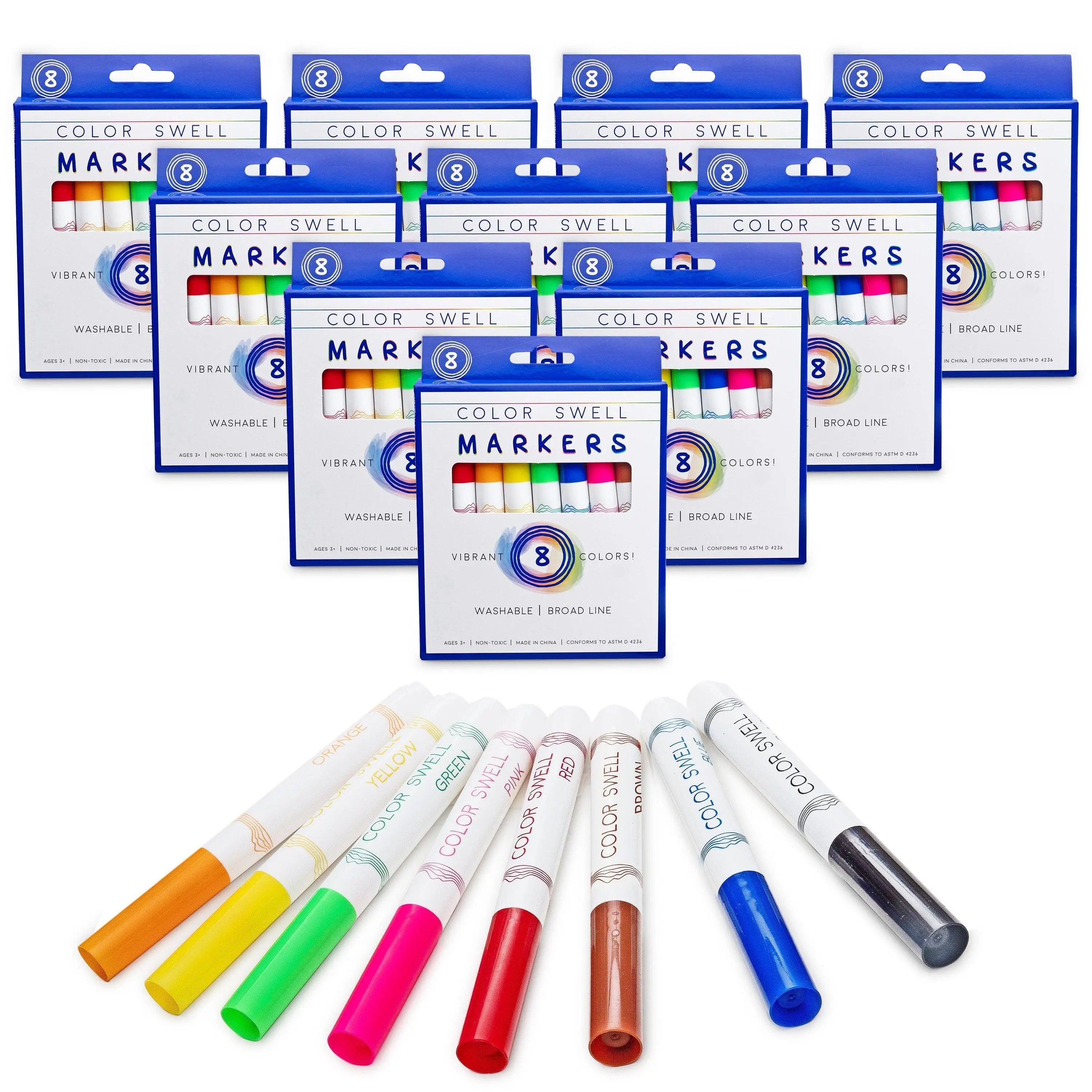 Color Swell Washable Bulk Markers - 18 Boxes of 8 Vibrant Colors (144 Total) Perfect for Kids, Parties, Classrooms - Broad Line Markers Great for Kids  Home School , Excellent Gifts  for Birthday, Halloween Art Supplies Gift Set, Christmas Gift.