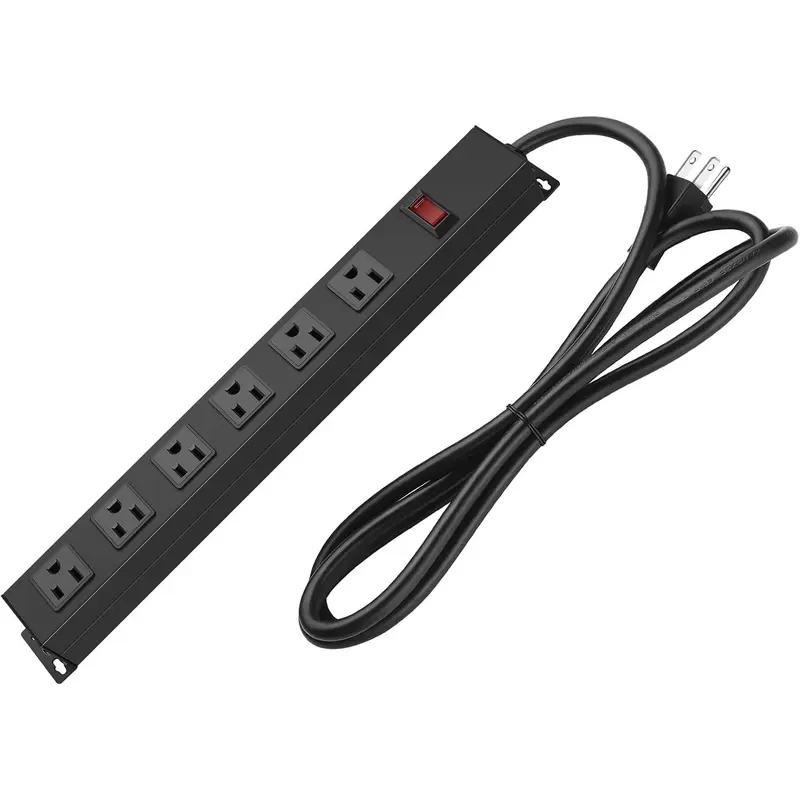 Metal wall mount power strip mountable power outlet with 6 ac outlets aluminum alloy mount power socket with switch 6 ft sjt 3c 14awg power cord 15a 125v 1875w 6ac black