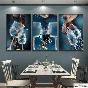 Abstract Artistic Blue Wine Glass Poster Set of 3, Modern Home Decor for Restaurant, Living Room, Bedroom, Kitchen, Office, Aesthetic Room Decoration