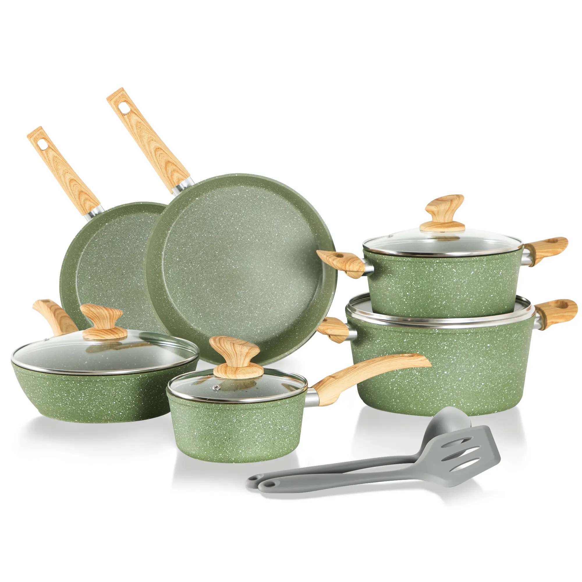 Kitchen Academy Induction Cookware Sets - 12 Piece Cooking Set, Granite Nonstick Pots and Pans Springtok Silicone Cast Iron Skillet 12 Piece Cooking S