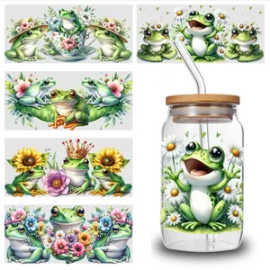 5 Sheets Frog Floral UV DTF Stickers for 16 oz Tumbler UV DTF Transfer Stickers for Glass Cups Mug Decoration Gift DIY Water Bottle Glass Waterproof Decals side  eyes  sticker