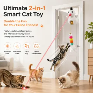Interactive Snowman Cat Toy with Laser Pointer, USB Rechargeable Over the Door Hanging Cat Teaser, Automatic Bouncing String Pet Toy with Fluffy Feather Worm & Mouse Attachments for Indoor Cats