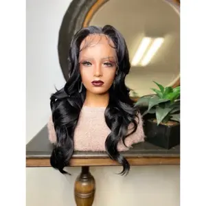 MAY Hair Long Curtain Bangs Body Wave 13x4 Lace Front Wig - Synthetic Hair Fiber, Adjustable Strap & Combs, Black Color, 26” Length