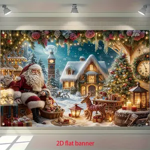 Durable Polyester 2D Flat Banner (1pc), Festive Santa Scene with Gingerbread House, Snowy Village, Christmas Tree & Holiday Decorations, Ideal for Winter Christmas & New Year Indoor-Outdoor Party Decor