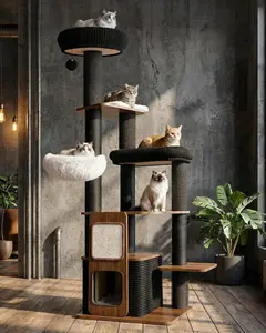 【On Sale】purrlato 63 Inch Premium Solid Wood Cat Tree Tower, Heavy Duty Aesthetic Black Modern Cat Furniture, with Extra Large Top Perch, Scratching Posts and Spacious Cat Condos