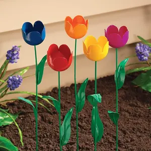 5pcs Art Deco Metal Tulip Garden Stakes, Garden Accessories, Iron Decorative Stakes for Outdoor Decor, Flower Theme for Wedding and Yard Styling