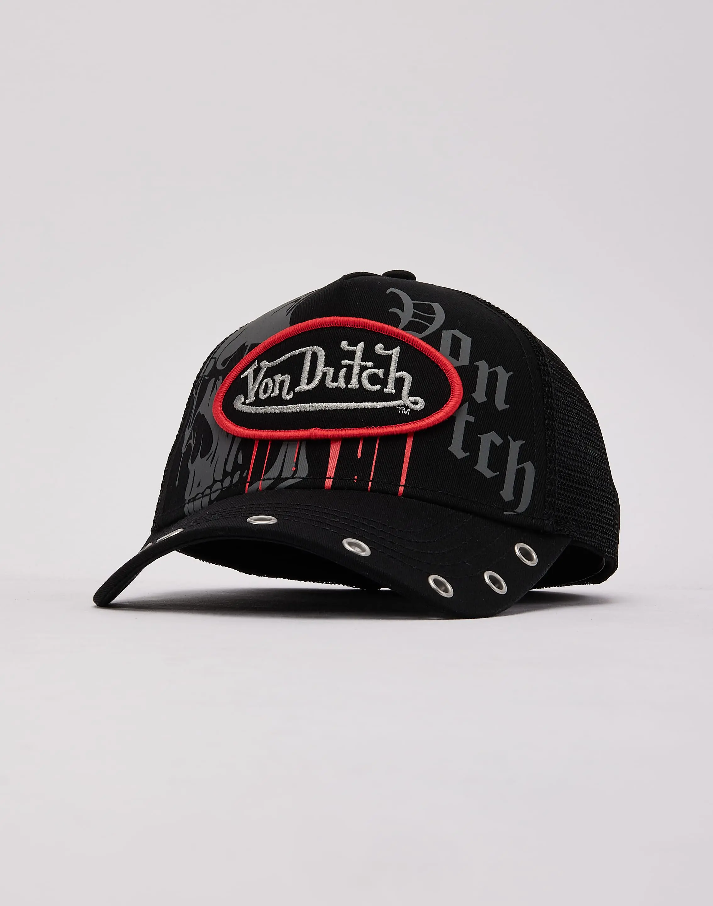 Mens Von Dutch Grommet Skull Trucker Hat