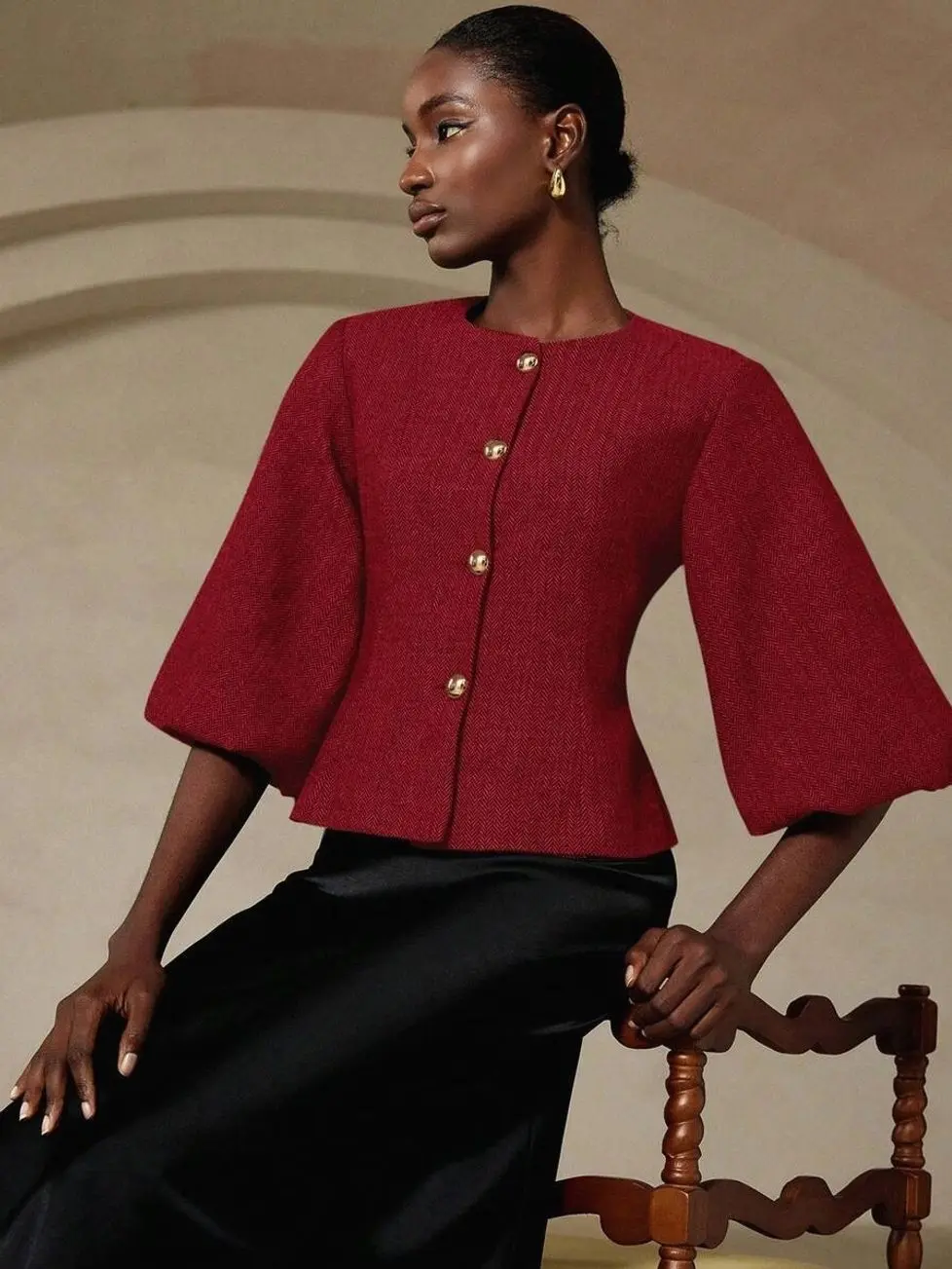 Women's Shades Of Brown Herringbone Blazer Jacket,Autumn Elegant French Style Round Neck Cropped Balloon Sleeve Metal Button Design For Dinner