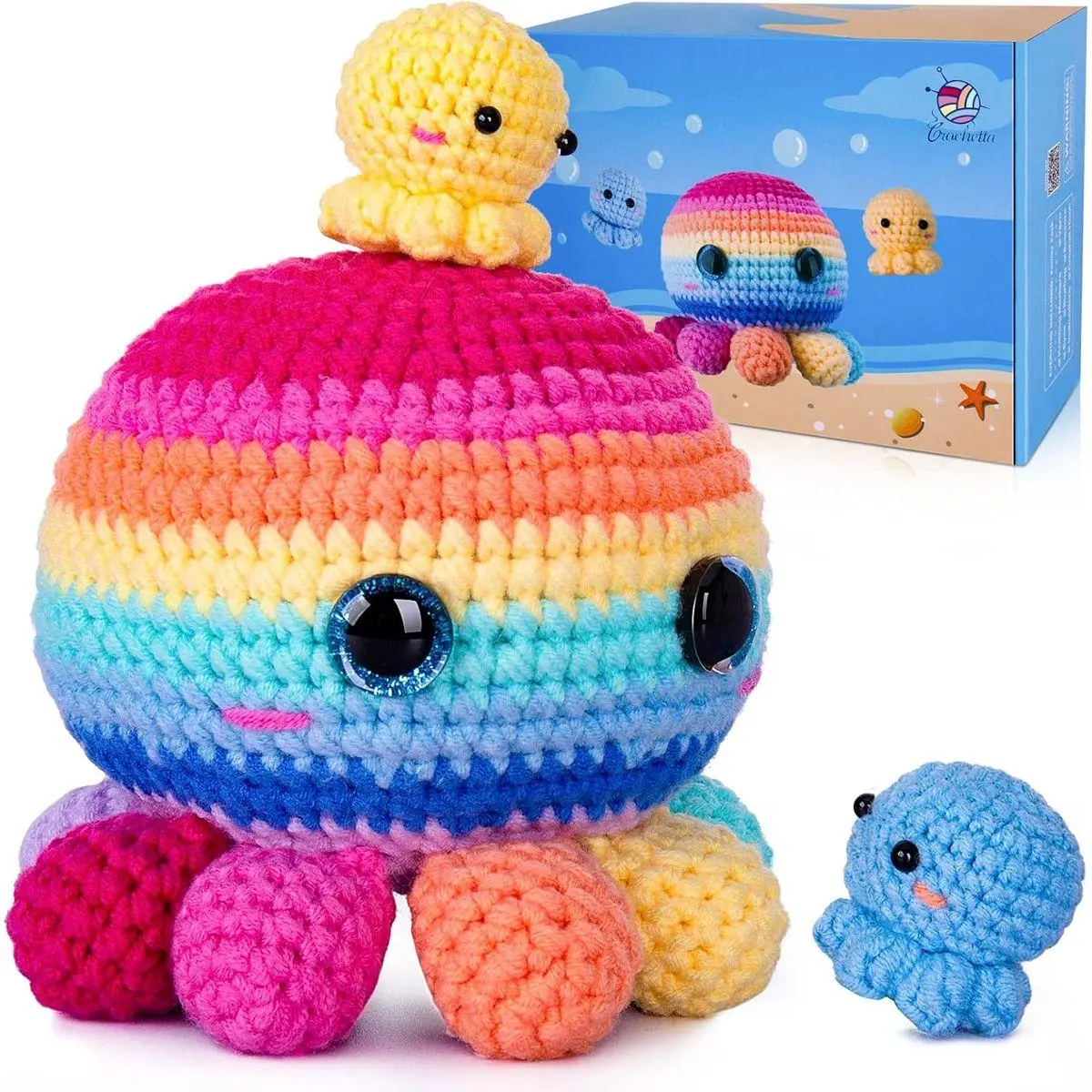 Crochet Kit for Beginners, Crochet Kit Step-by-Step Video Tutorials, Crochet Starter Kit Learn to Crochet Kits for Adults Beginners, Jumbo 3 Colorful Octopus (40%+ Yarn Content)