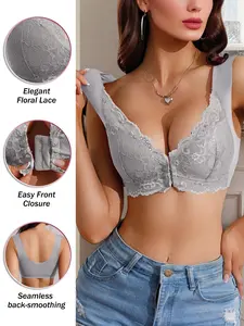 Women's Sexy Lace Bra, Wide Shoulder Straps, Breathable Floral Fabric, Front Buckle Design, No Underwire, Slim-Fit, 5 Colors Available,1 Pack/ 4 Pack, Medium, Smoothing Bra