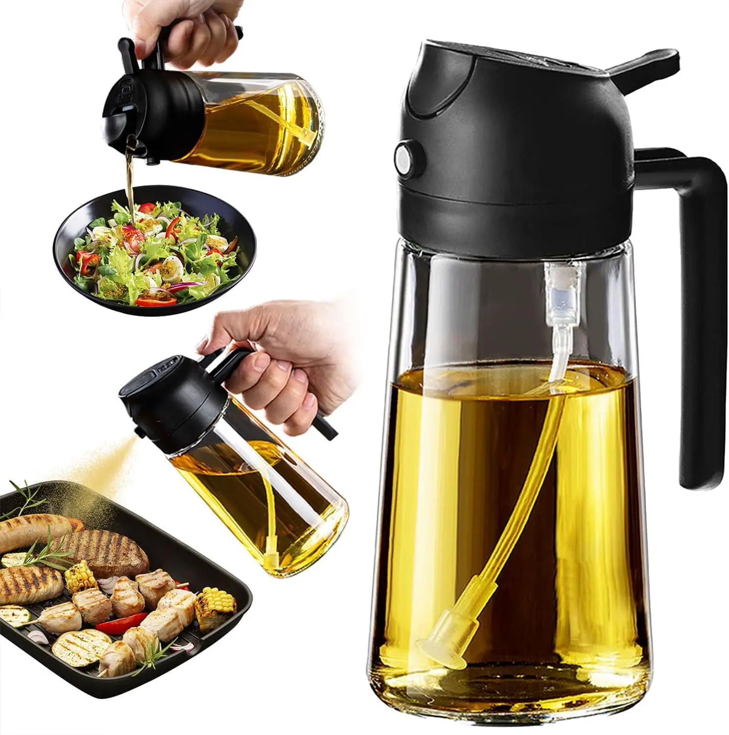 BPA-Free Modern Glass Oil Dispenser - 0-500ml/470ml 6oz Single Bottle Dual Spray or Pour Kitchen Tool, Precision Nozzle, 0.15g Output, Fine Mist for Even Coating, Drizzle Olive Oil Evenly (Black)
