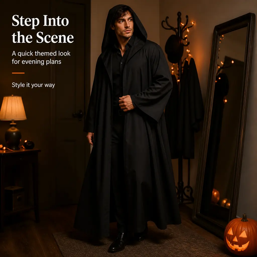 Men's Classic Black Polyester Hooded Long Robe - Medieval Wizard Cosplay Costume, Halloween Party Full-Length Cloak Menswear Clothes