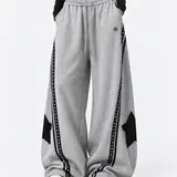 Aelfric Eden Men's High-Waist Panel Cotton Black Athleisure Sweatpants - Oversized Wide-Leg Barrel, Star Patch, Studded Stripe, Loose Drape, Comfy Baggy Pants, Casual Sports Bottoms, Streetwear Bottoms,sohochic