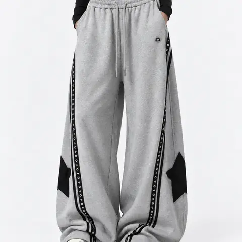 Aelfric Eden Men's High-Waist Panel Cotton Black Athleisure Sweatpants - Oversized Wide-Leg Barrel, Star Patch, Studded Stripe, Loose Drape, Comfy Baggy Pants, Casual Sports Bottoms, Streetwear Bottoms,sohochic