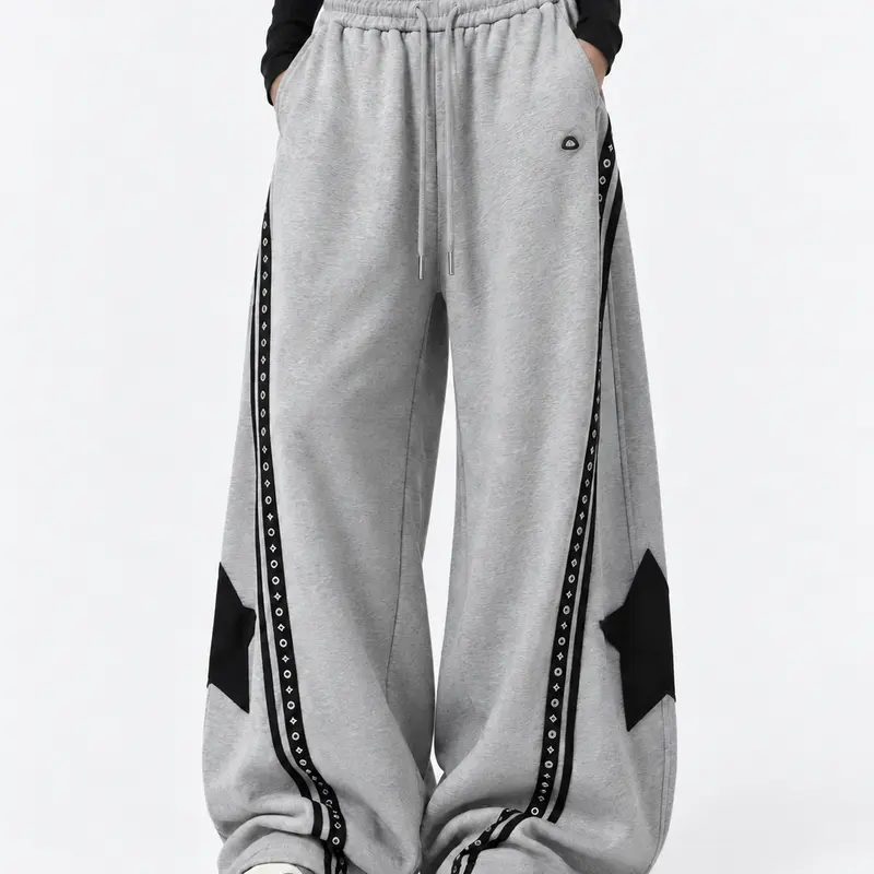 Aelfric Eden Men's High-Waist Panel Cotton Black Athleisure Sweatpants - Oversized Wide-Leg Barrel, Star Patch, Studded Stripe, Loose Drape, Comfy Baggy Pants, Casual Sports Bottoms, Streetwear Bottoms,sohochic