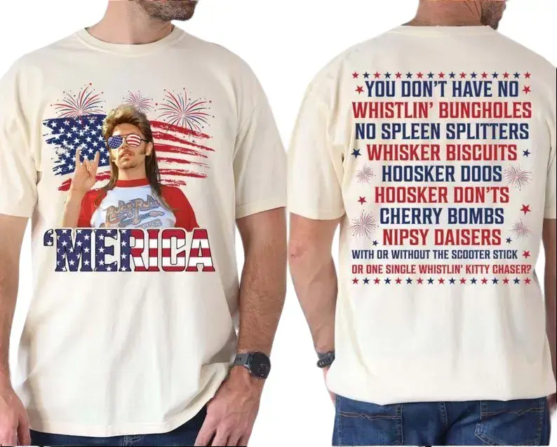 Merica T-Shirt/Sweatshirt/Hoodie, Funny Patriotic Front and Back Print Shirt, Retro American Flag Graphic Tee for Men and Women