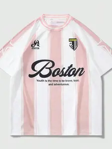 1pc Men's Boston Graphic Jersey T-Shirt Pink & White Vertical Striped Oversized Tee Retro Blokecore Streetwear Top for Men Summer Fashion